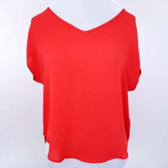 LUSH Blouse Short Sleeve Orangey Red Lightweight Vneck Oversized XS - Picture 1 of 6